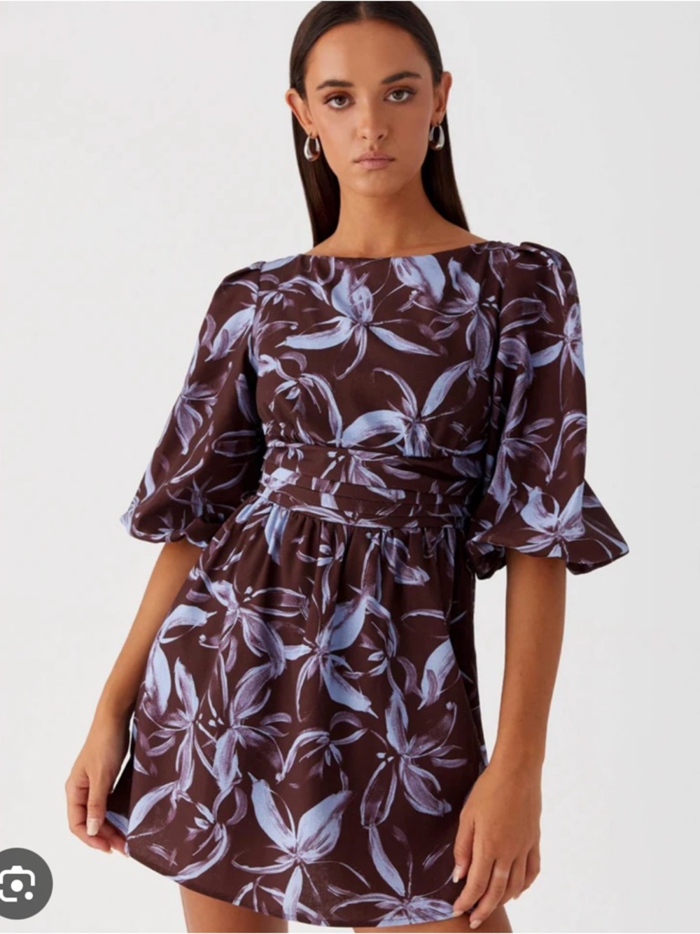 Brown Floral Puff-Sleeve Mini Dress with Blue Print